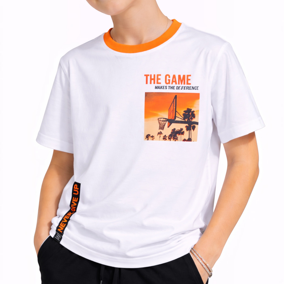 victor and jane boys white cotton t-shirt with orange crew neck and basketball court graphic print
