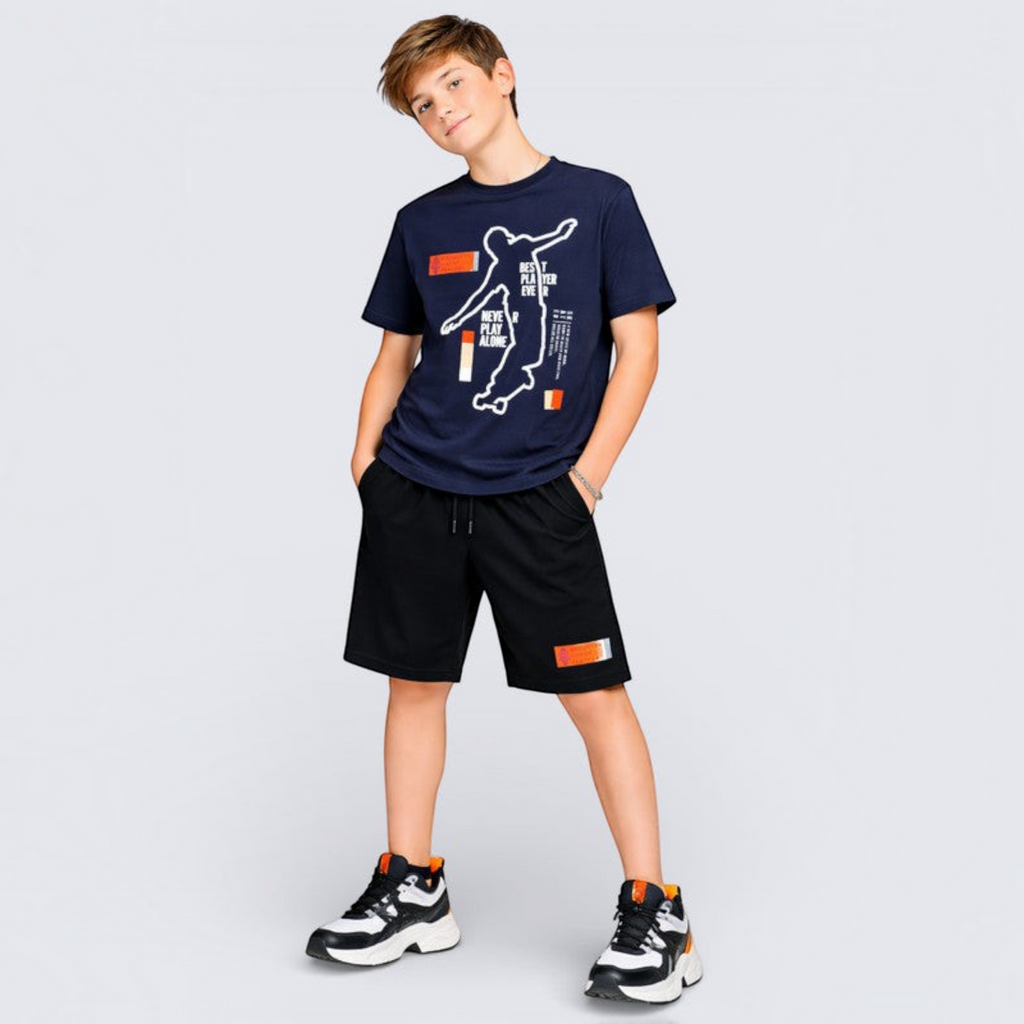 victor and jane boys navy graphic t-shirt and black shorts set with skater print and orange accents