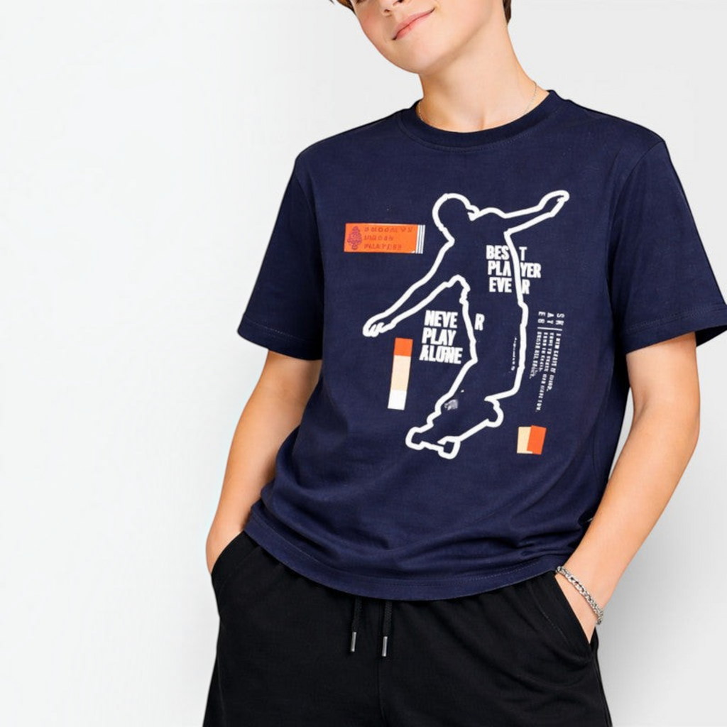 victor and jane boys navy blue cotton t-shirt with white and orange skateboard graphic print