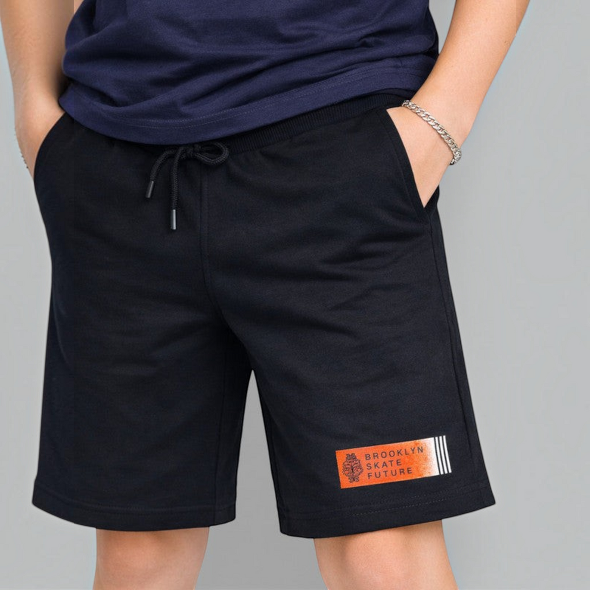 victor and jane boys black jersey shorts with Brooklyn Skate Future graphic print and drawstring waist