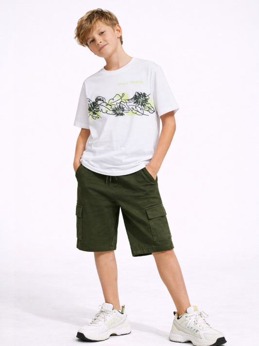 Boys Nature Sketch T-Shirt & Olive Cargo Shorts Set