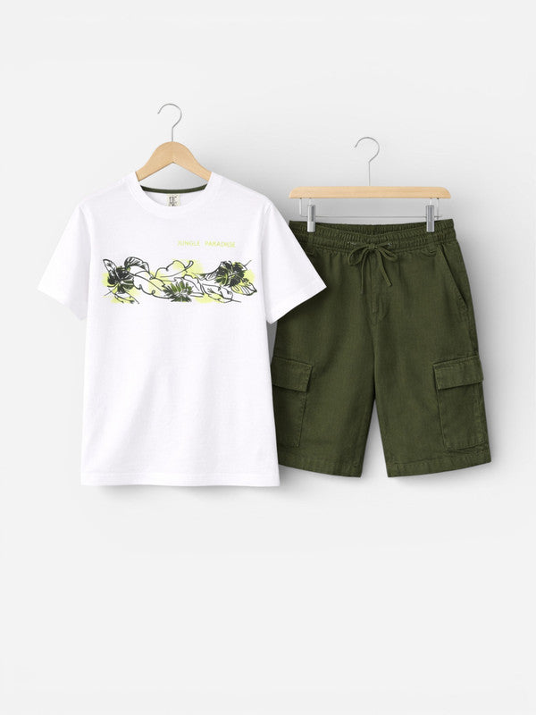 Boys Nature Sketch T-Shirt & Olive Cargo Shorts Set