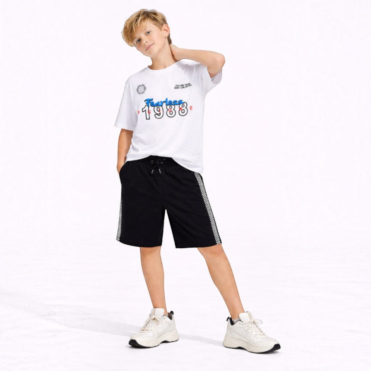 victor and jane boys white graphic t-shirt and black shorts set with checkered side stripes