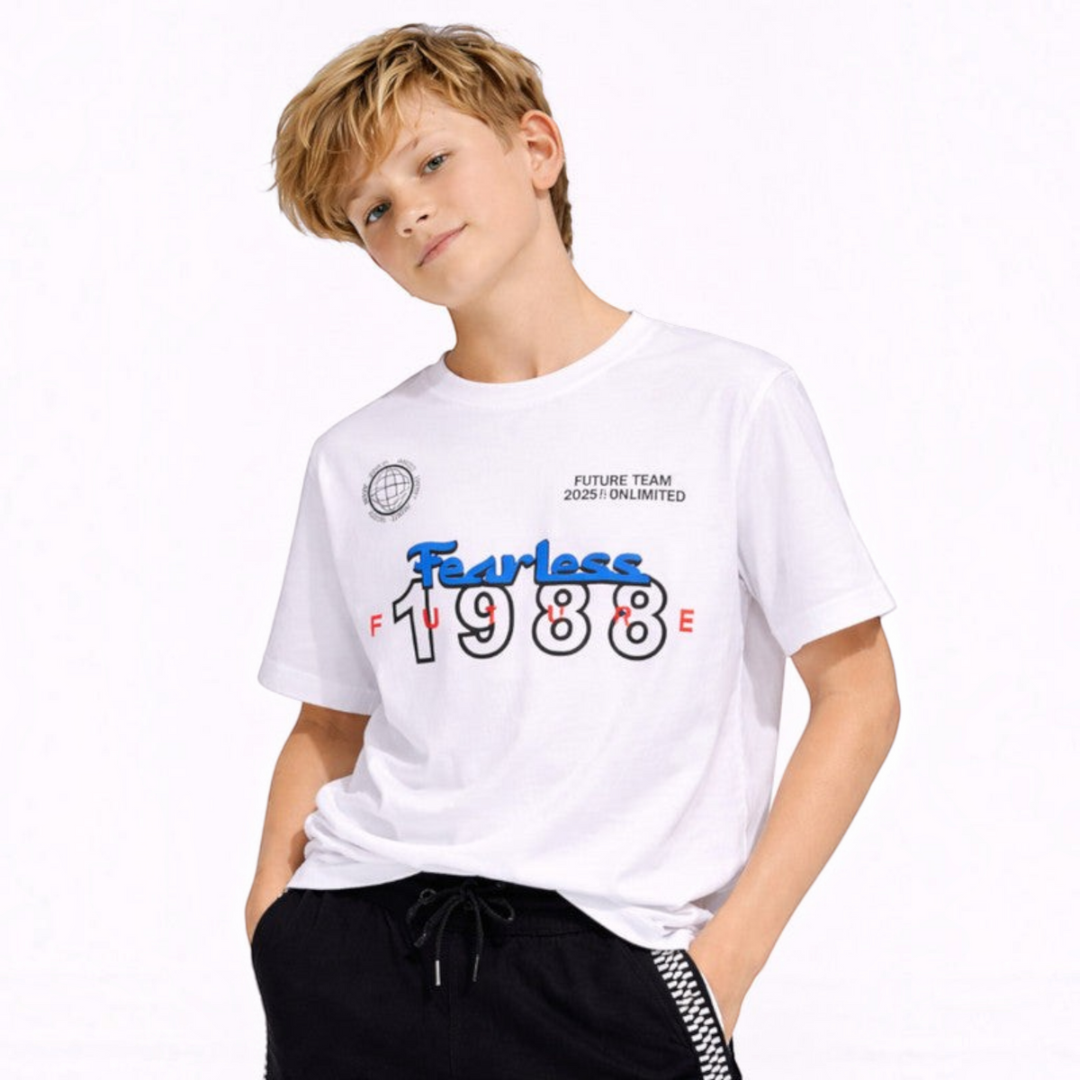 victor and jane boys white graphic t-shirt with Fearless 1988 print and black shorts