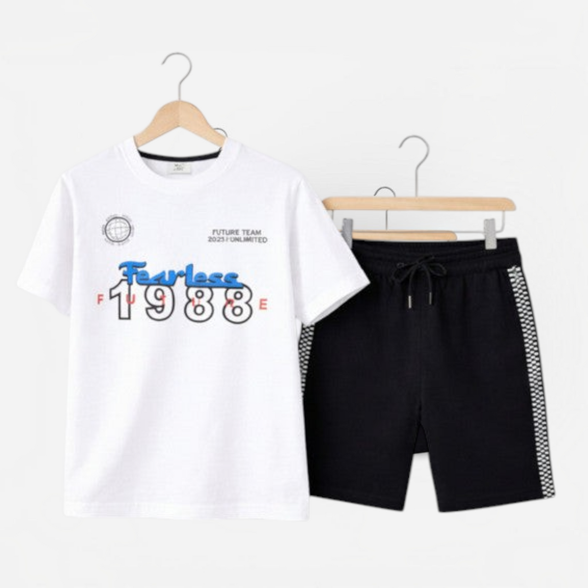 victor and jane boys white graphic t-shirt and black shorts set with checkered side stripes