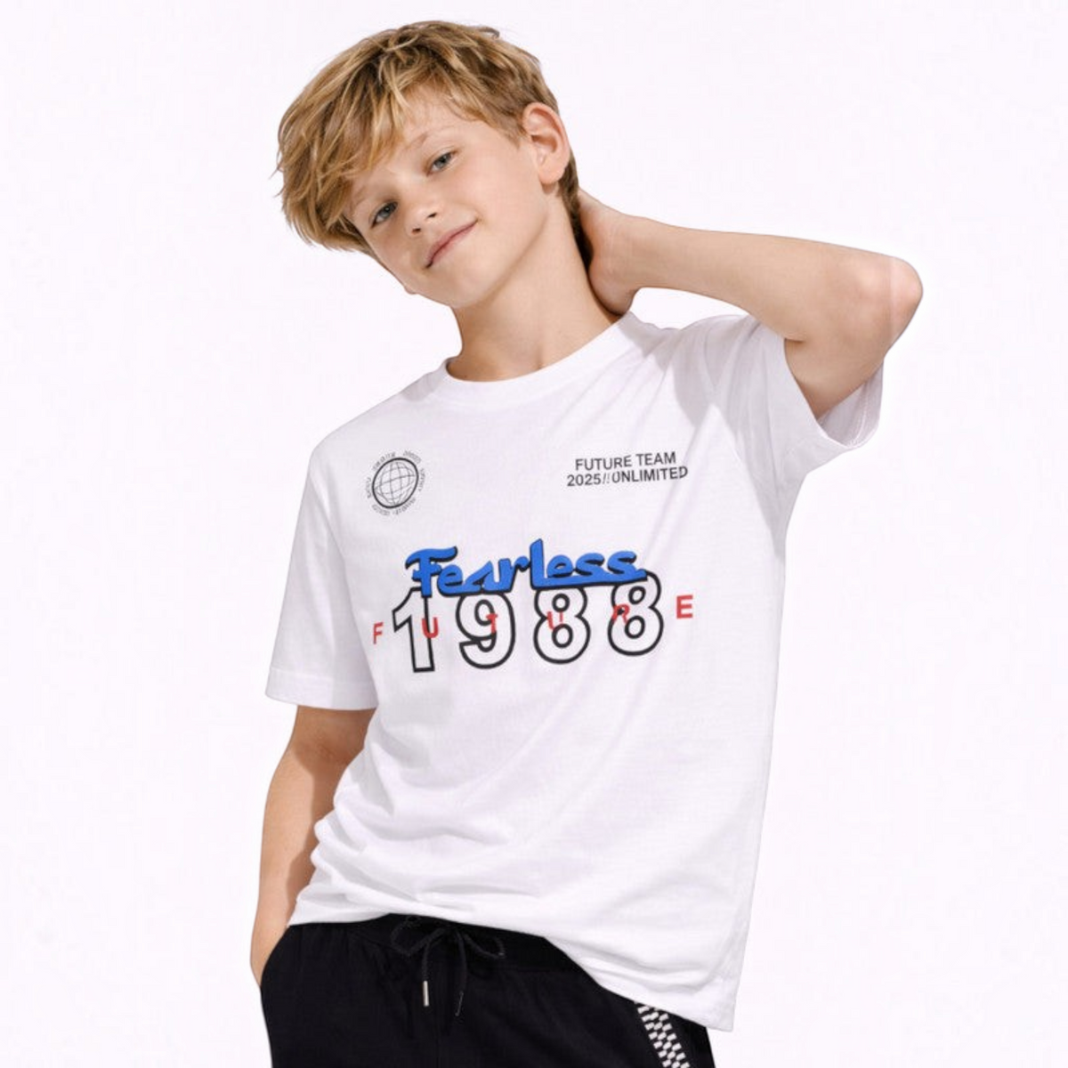victor and jane boys white cotton t-shirt with Fearless 1988 graphic print worn by a young boy