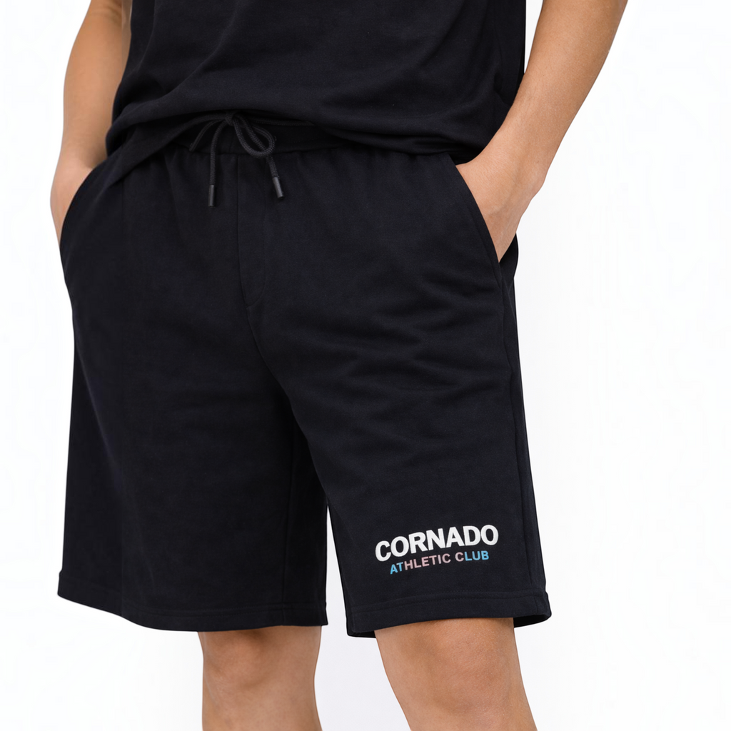 victor and jane boys black cotton shorts with Cornado Athletic Club logo print and drawstring waist