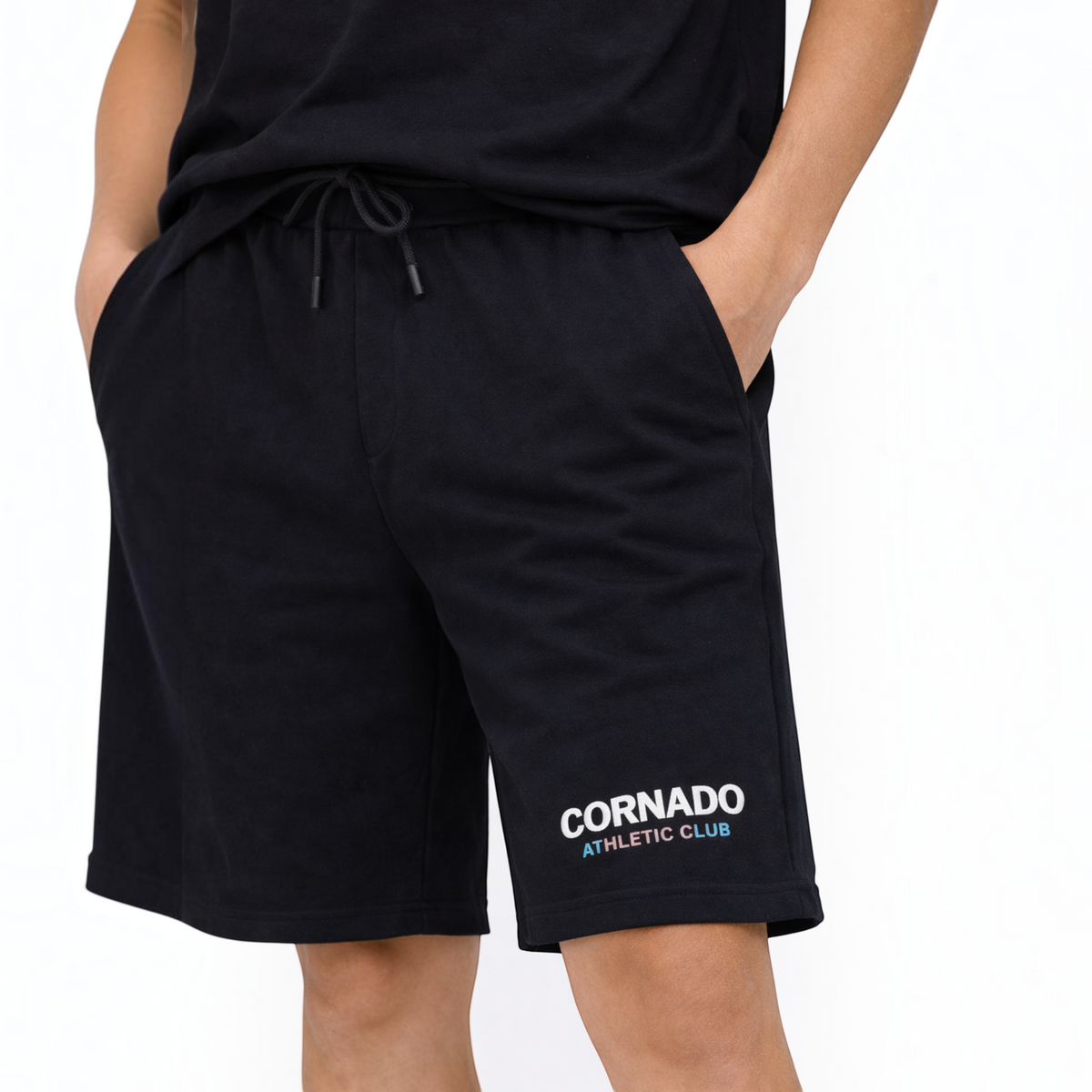 victor and jane boys black cotton shorts with Cornado Athletic Club logo print and drawstring waist