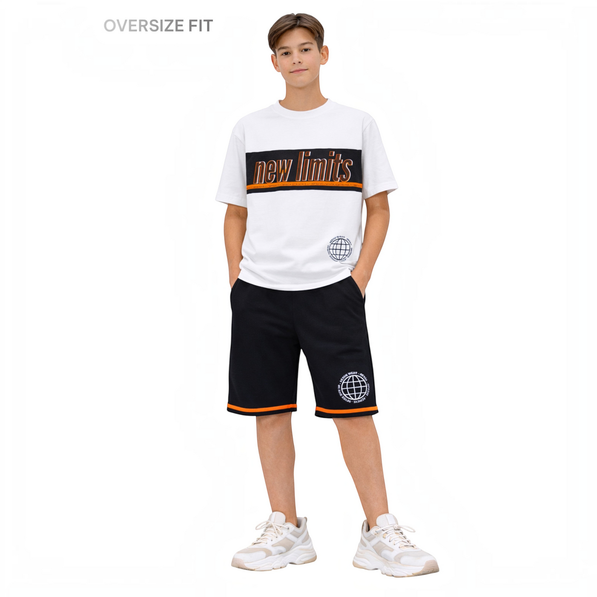 victor and jane boys oversized white t-shirt and black shorts set with graphic print and orange trim details