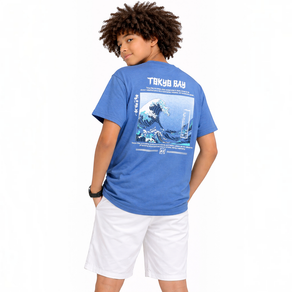 victor and jane boys blue graphic t-shirt featuring a Japanese wave art print on the back worn by a young boy