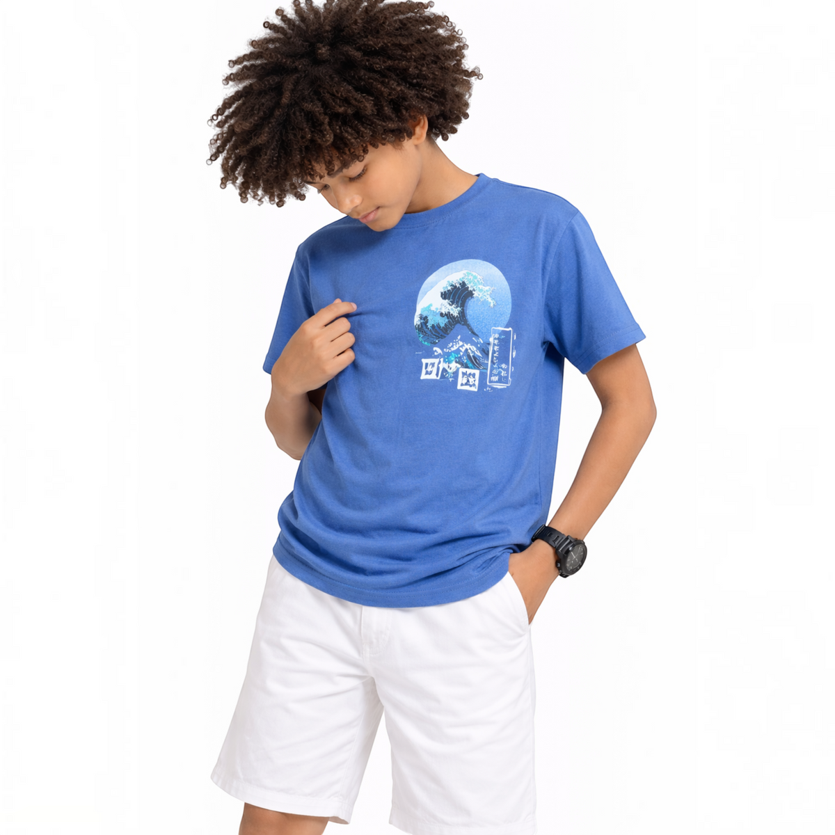 victor and jane boys blue graphic t-shirt featuring a Japanese wave print worn by a boy with curly hair