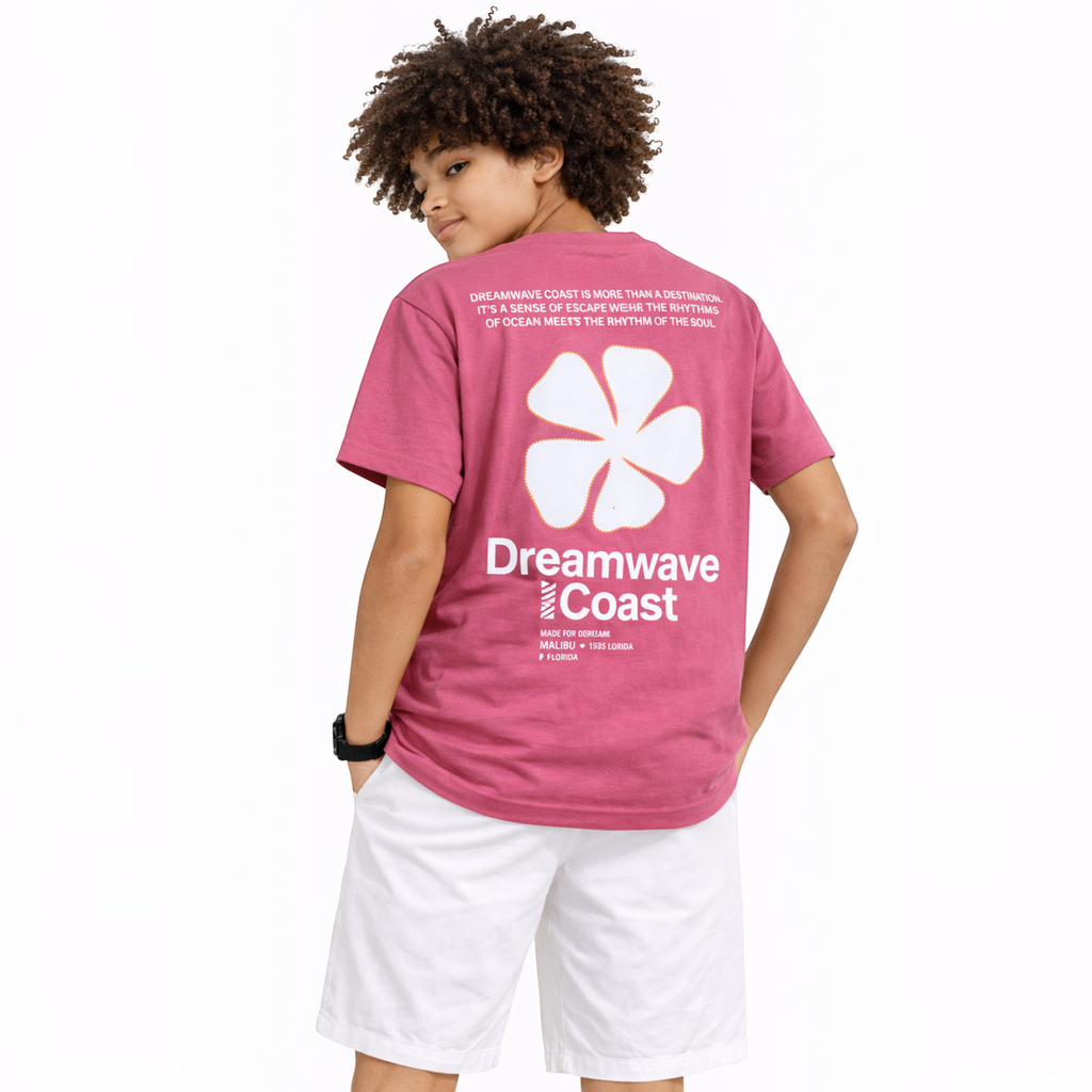 victor and jane boys pink graphic t-shirt with white flower print and text on the back worn by a young boy
