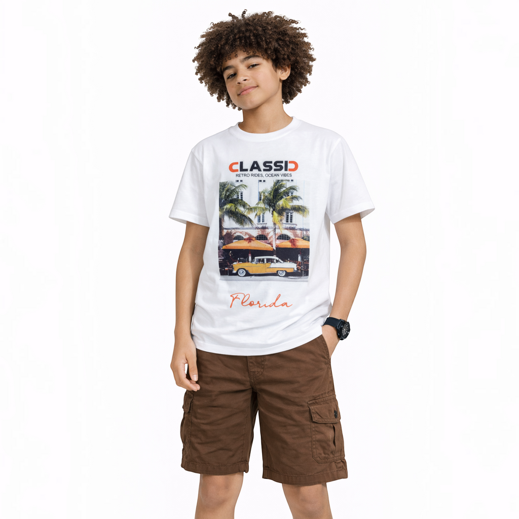 victor and jane boys white cotton t-shirt featuring a vintage Florida car graphic print and palm trees