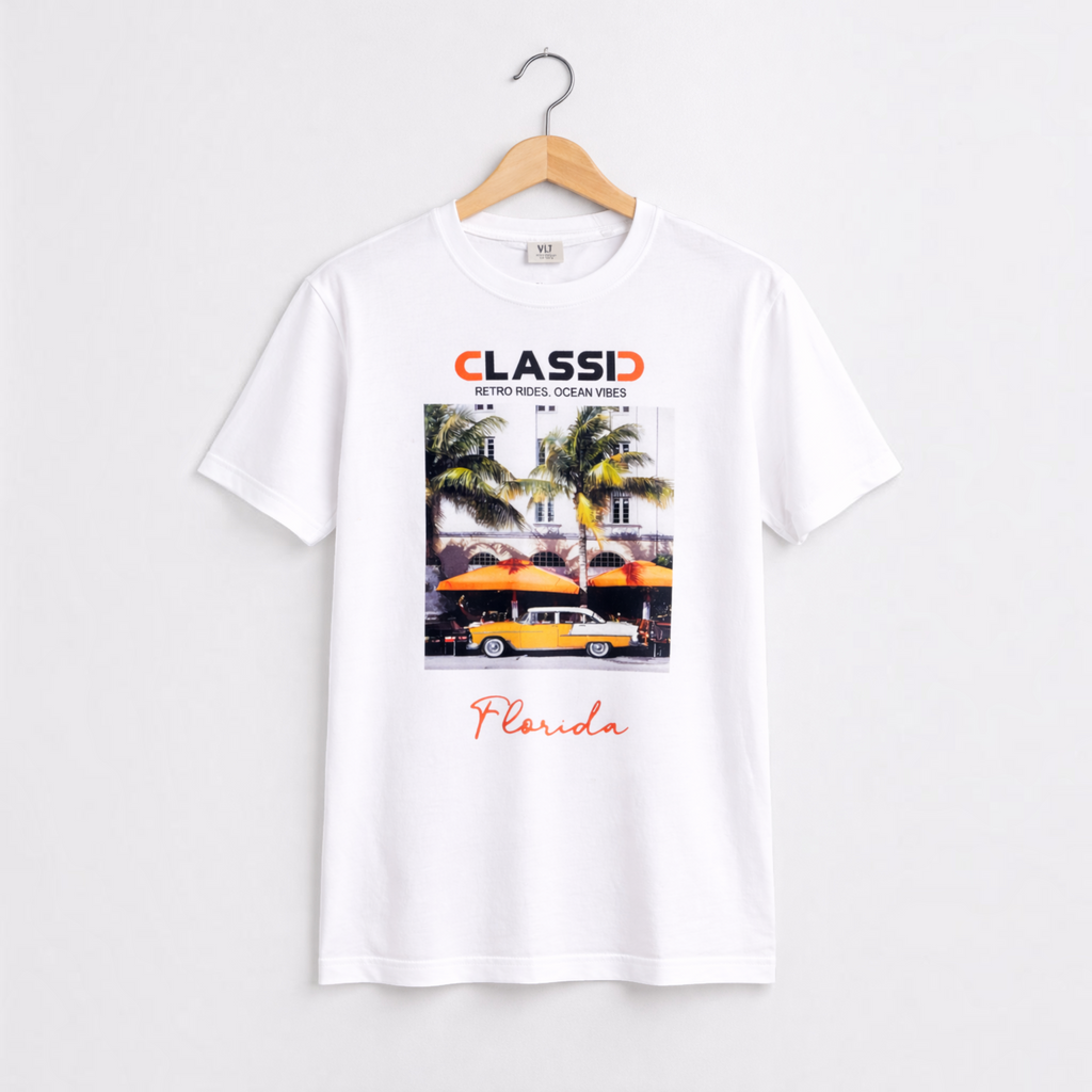 victor and jane boys white cotton t-shirt featuring a vintage Florida car graphic print on a wooden hanger