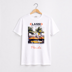 victor and jane boys white cotton t-shirt featuring a vintage Florida car graphic print on a wooden hanger