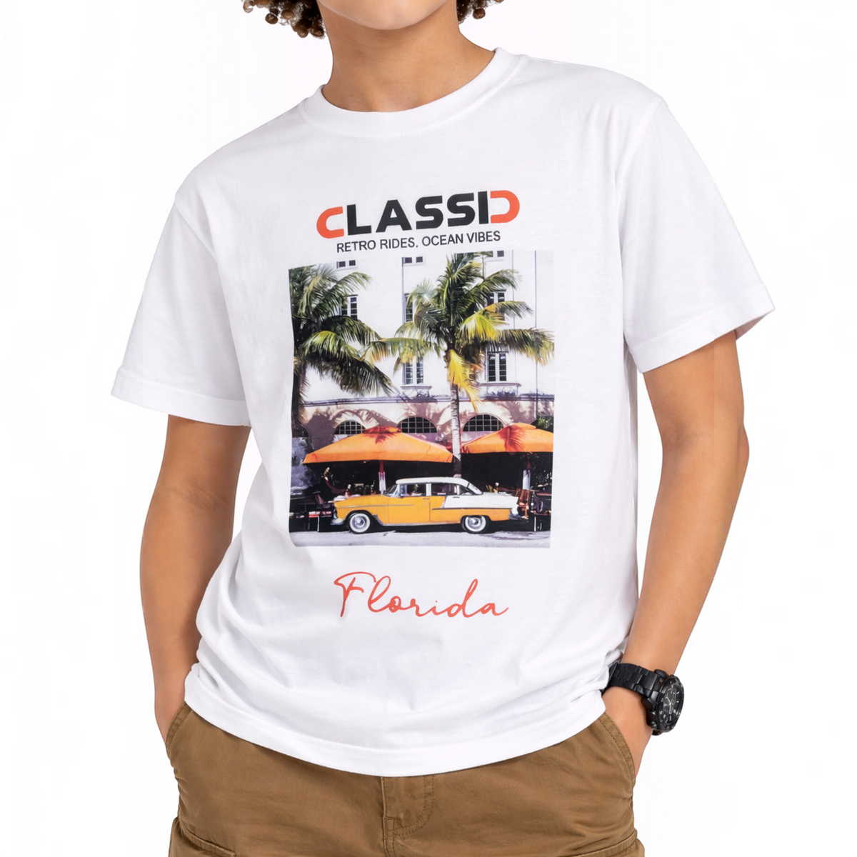 victor and jane boys white graphic t-shirt featuring a vintage Florida car and palm tree print