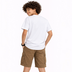 A boy wearing a plain white victor and jane graphic t-shirt and brown cargo shorts, viewed from the back.