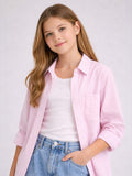 Girls’ Oversized Striped Shirt “ Short Sleeve Button-Down With Pocket
