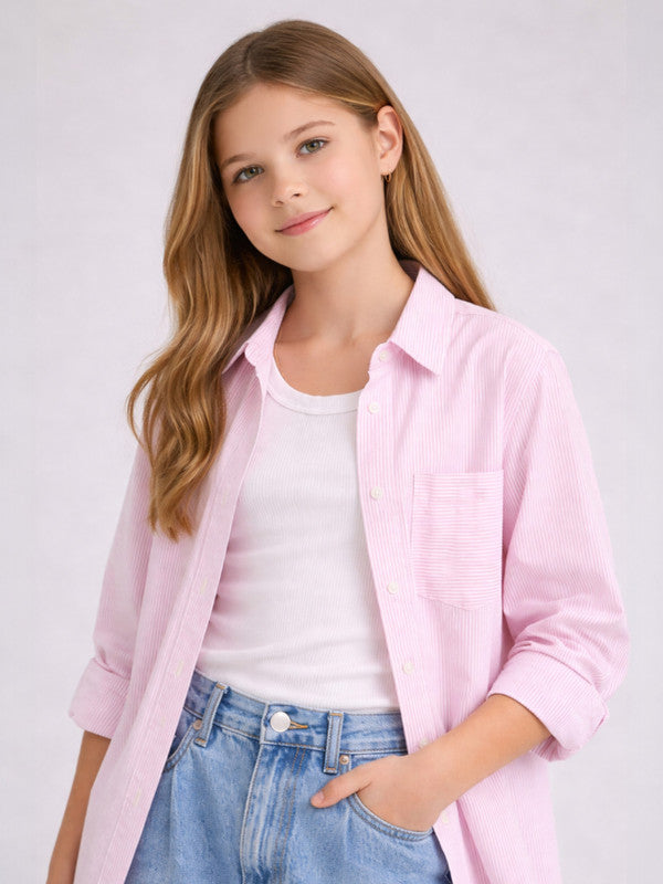 Girls’ Oversized Striped Shirt “ Short Sleeve Button-Down With Pocket