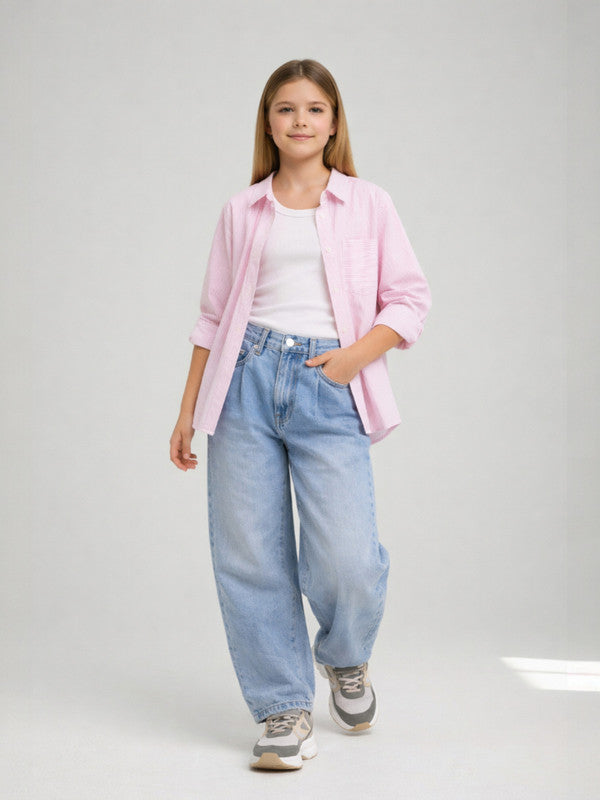 Girls’ Oversized Striped Shirt “ Short Sleeve Button-Down With Pocket