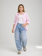 Girls’ Oversized Striped Shirt “ Short Sleeve Button-Down With Pocket