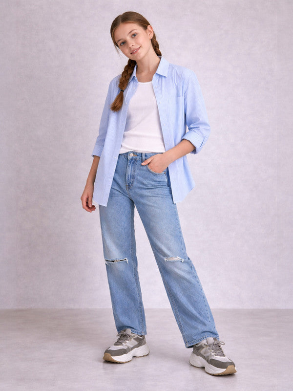 Girls’ Oversized Striped Shirt “ Button-Down With Chest Pocket