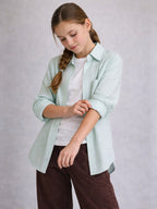 Girls’ Oversized Striped Shirt “ Button-Down With Chest Pocket (Mint)