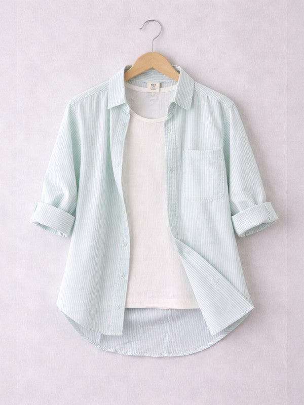 Girls’ Oversized Striped Shirt “ Button-Down With Chest Pocket (Mint)
