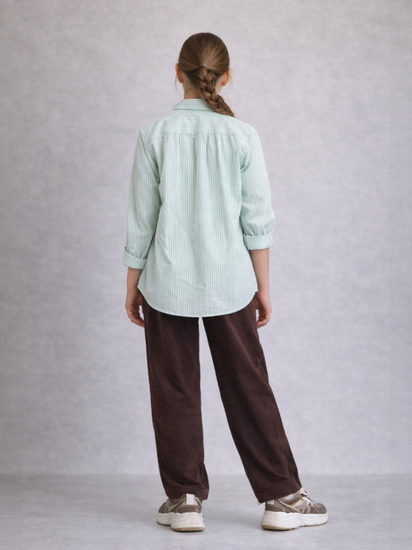 Girls’ Oversized Striped Shirt “ Button-Down With Chest Pocket (Mint)