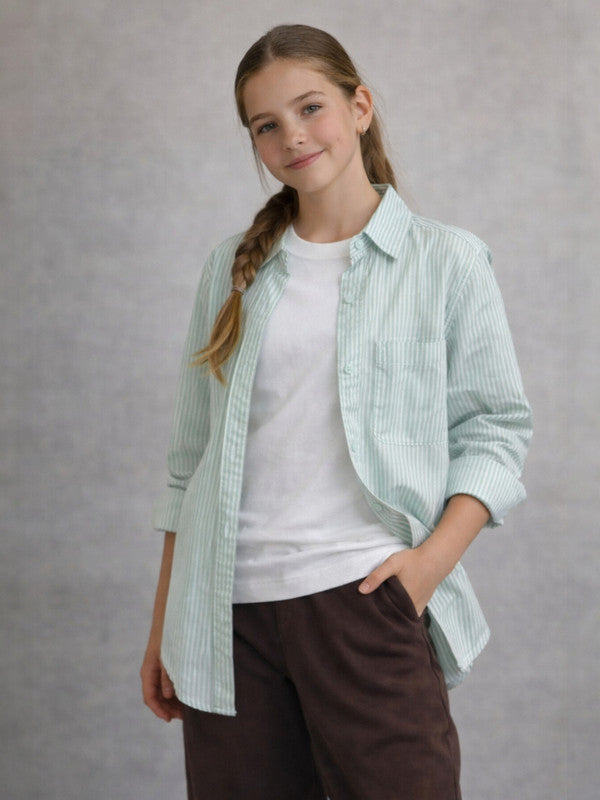 Girls’ Oversized Striped Shirt “ Button-Down With Chest Pocket (Mint)