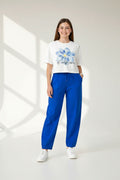 Girls 2 Pc Set Floral Print T-Shirt & Barrel Pants Set “ White & Blue
