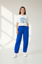 Girls 2 Pc Set Floral Print T-Shirt & Barrel Pants Set “ White & Blue