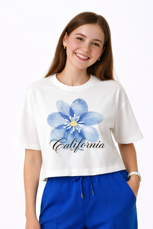 Girls 2 Pc Set Floral Print T-Shirt & Barrel Pants Set “ White & Blue