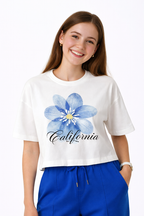 Girls 2 Pc Set Floral Print T-Shirt & Barrel Pants Set “ White & Blue