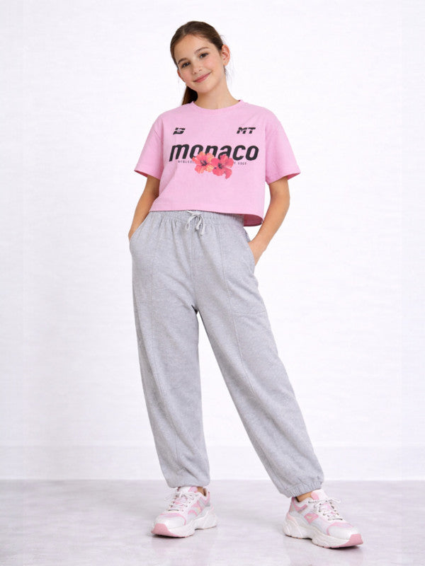 Girls 3 Pc Set Monaco Print T-Shirt & Barrel Pants Set “ Pink & Grey Melange