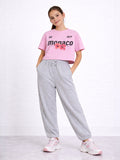 Girls 3 Pc Set Monaco Print T-Shirt & Barrel Pants Set “ Pink & Grey Melange
