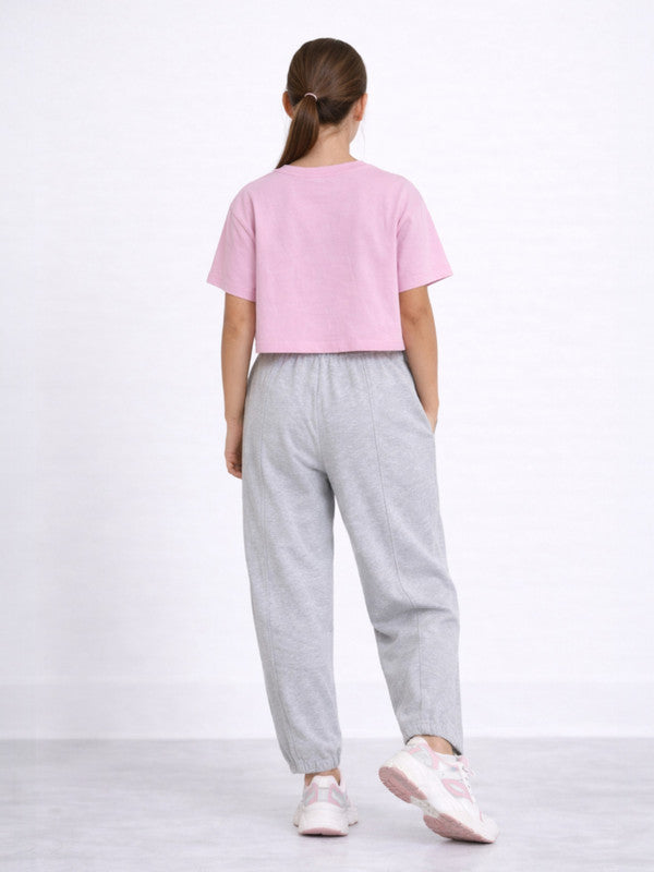 Girls 3 Pc Set Monaco Print T-Shirt & Barrel Pants Set “ Pink & Grey Melange