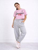 Girls 3 Pc Set Monaco Print T-Shirt & Barrel Pants Set “ Pink & Grey Melange