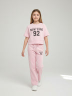 Girls 2 Pc Set New York Print Top & Pants Set “ Light Pink