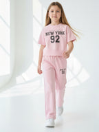 Girls 2 Pc Set New York Print Top & Pants Set “ Light Pink