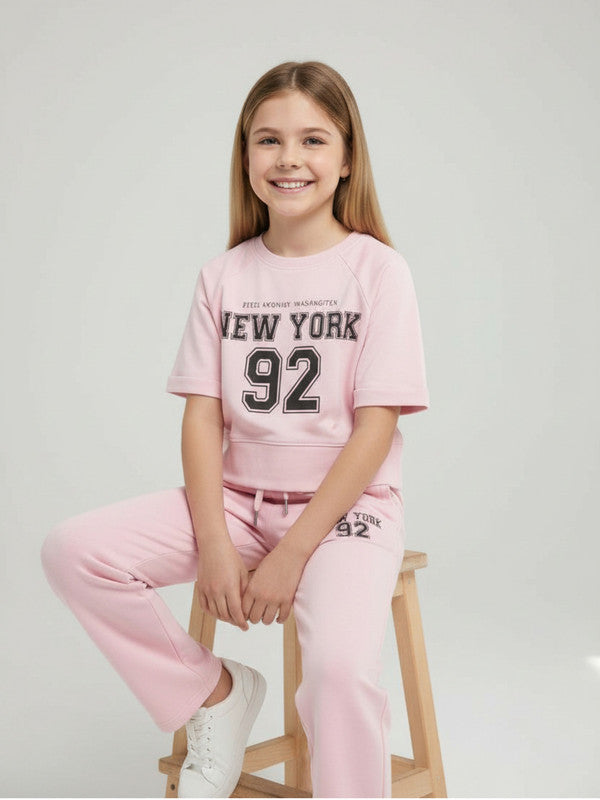 Girls 2 Pc Set New York Print Top & Pants Set “ Light Pink