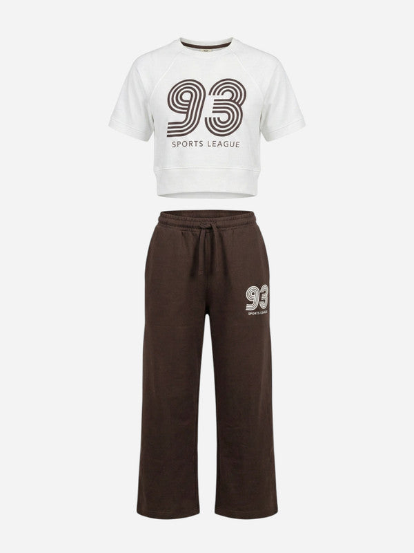 Girls 2 Pc Set Œ93 Sports League” T-Shirt & Pants Set “ White & Brown