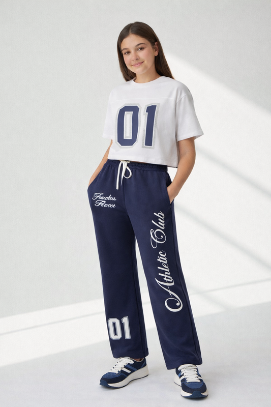 Girls 2 Pc Set Number Print T-Shirt & Wide-Leg Pants Set “ White & Navy