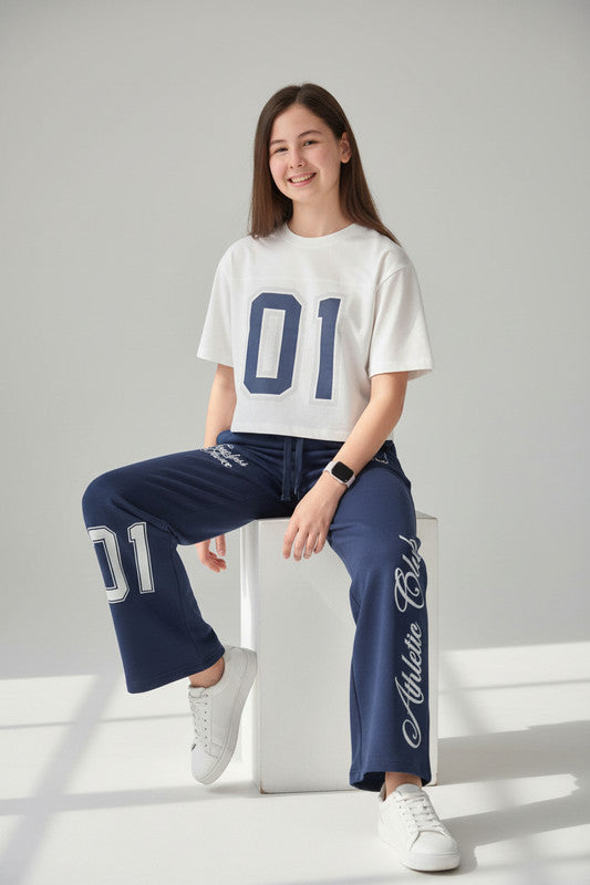 Girls 2 Pc Set Number Print T-Shirt & Wide-Leg Pants Set “ White & Navy