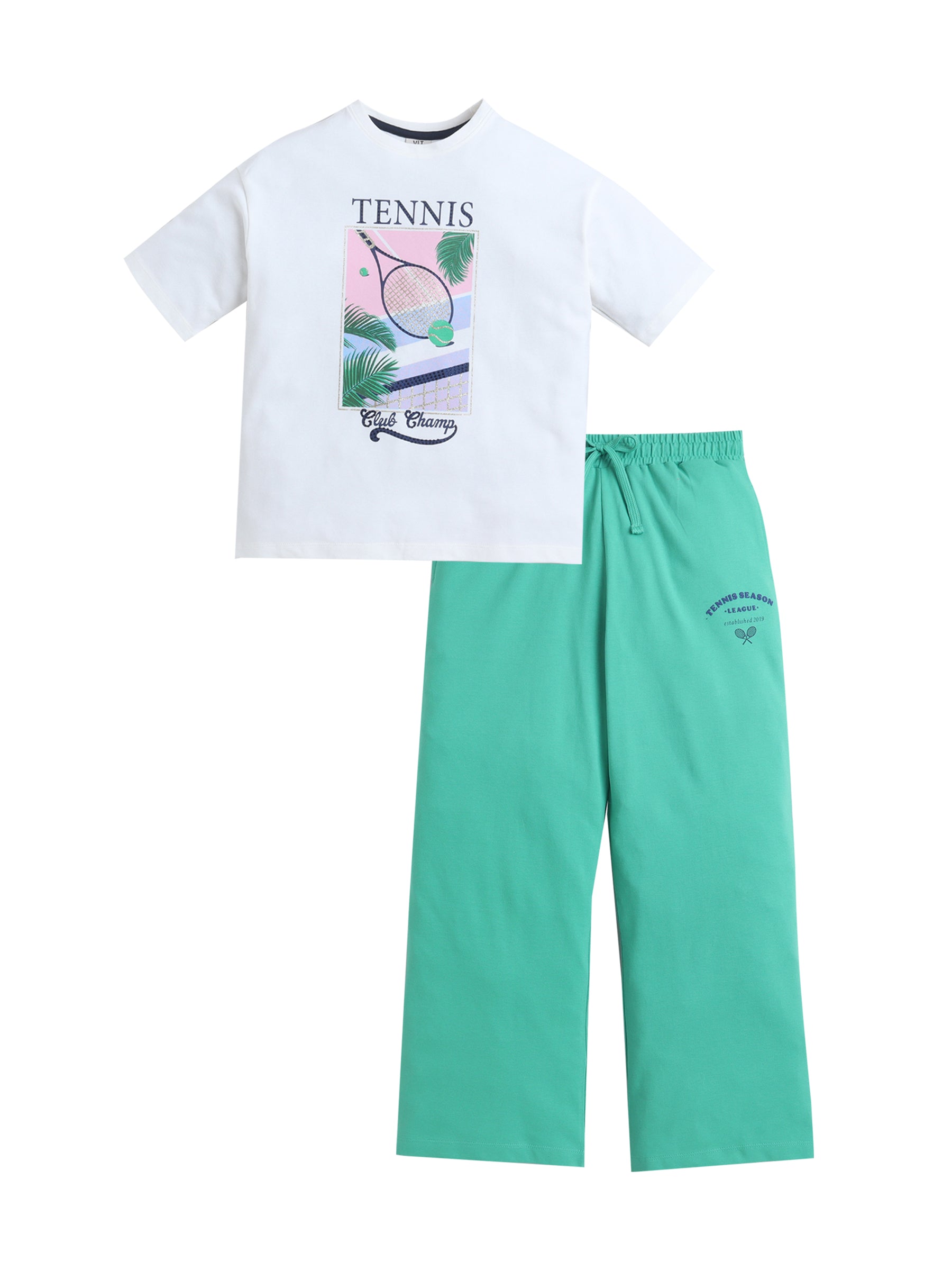 Girls Tennis Graphic T-Shirt & Green Wide-Leg Pants Set
