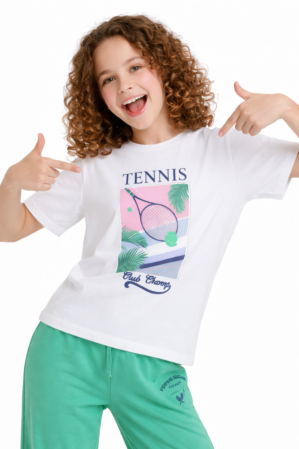 Girls Tennis Graphic T-Shirt & Green Wide-Leg Pants Set