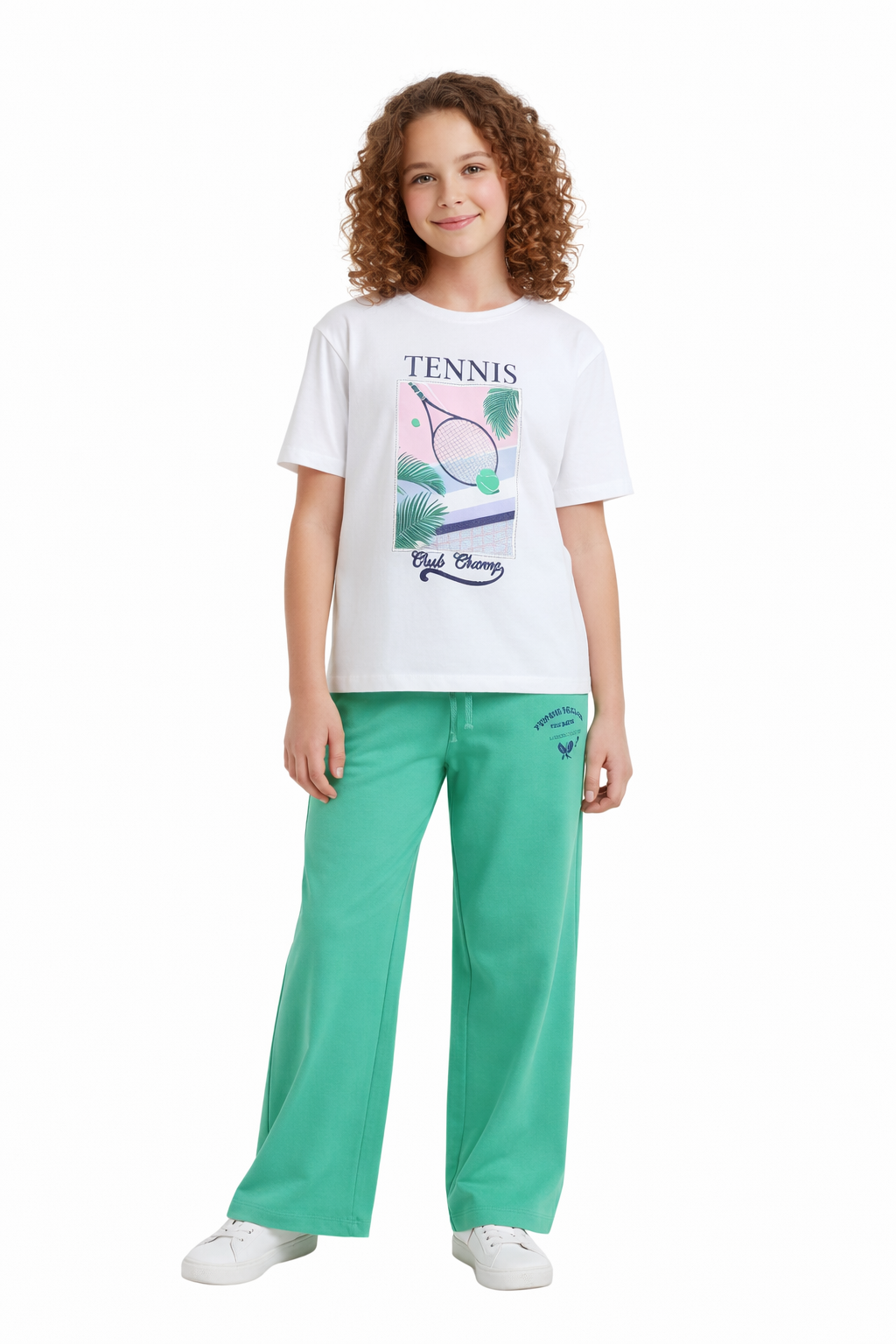 Girls Tennis Graphic T-Shirt & Green Wide-Leg Pants Set