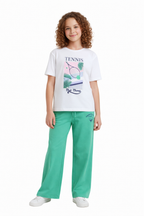 Girls Tennis Graphic T-Shirt & Green Wide-Leg Pants Set