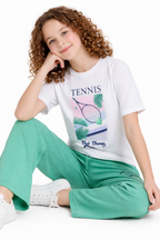 Girls Tennis Graphic T-Shirt & Green Wide-Leg Pants Set