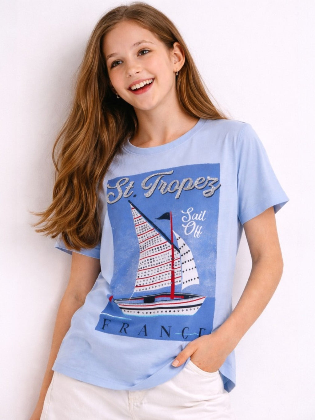 Girls St. Tropez France Graphic Embellished T-Shirt (Light Blue- Relaxed Fit)